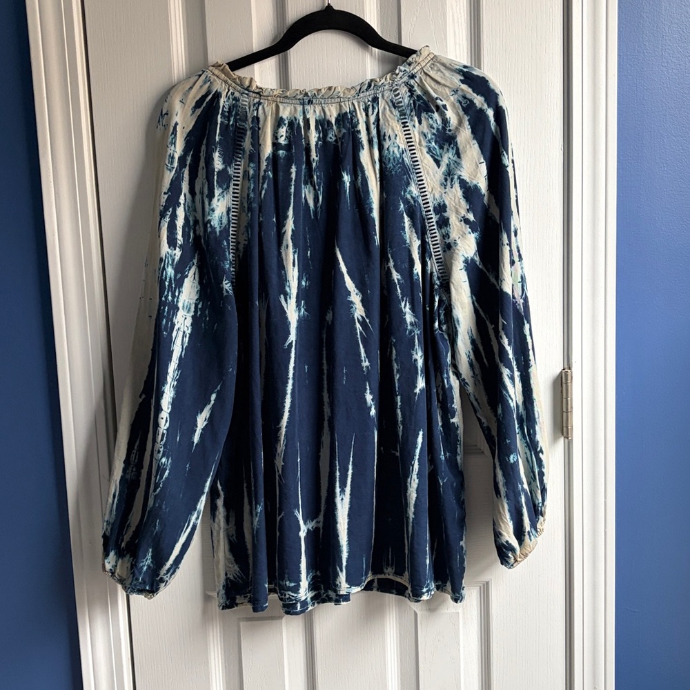 Knox Rose Women's XL Blue Tie Dye Blouse Ruffle Split Neckline Boho Peasant LS - Picture 5 of 13